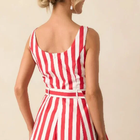 Prosperina NEW Red White Stripe Belted Flared Leg Romper size L - Picture 2 of 10